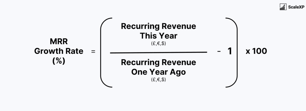 MMR growth rate formula is recurring revenue this year divided by recurring revenue last year, all minus one. Multiply by 100 to get the percent.